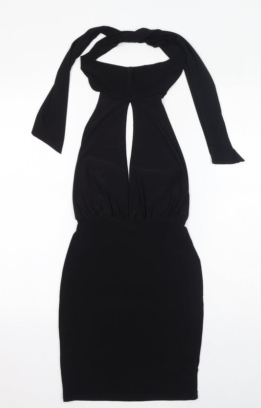 PRETTYLITTLETHING Womens Black Polyester Bodycon Size 6 Halter Tie - Keyhole Neck, Open Back