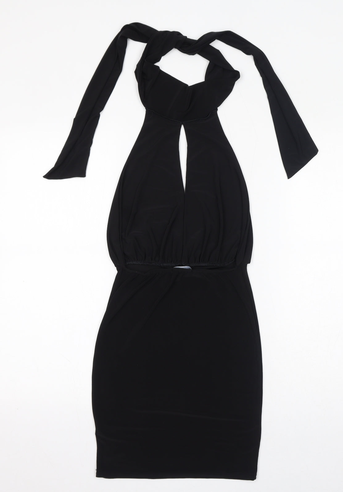 PRETTYLITTLETHING Womens Black Polyester Bodycon Size 6 Halter Tie - Keyhole Neck, Open Back