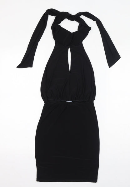 PRETTYLITTLETHING Womens Black Polyester Bodycon Size 6 Halter Tie - Keyhole Neck, Open Back