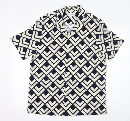 Autograph Womens Black Geometric Viscose Basic Button-Up Size L Collared - Unisex