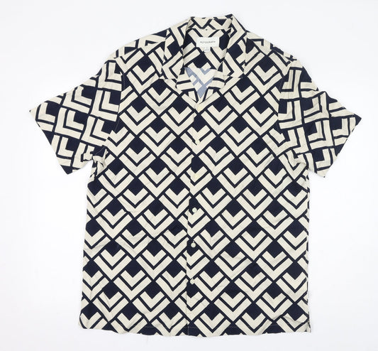 Autograph Womens Black Geometric Viscose Basic Button-Up Size L Collared - Unisex