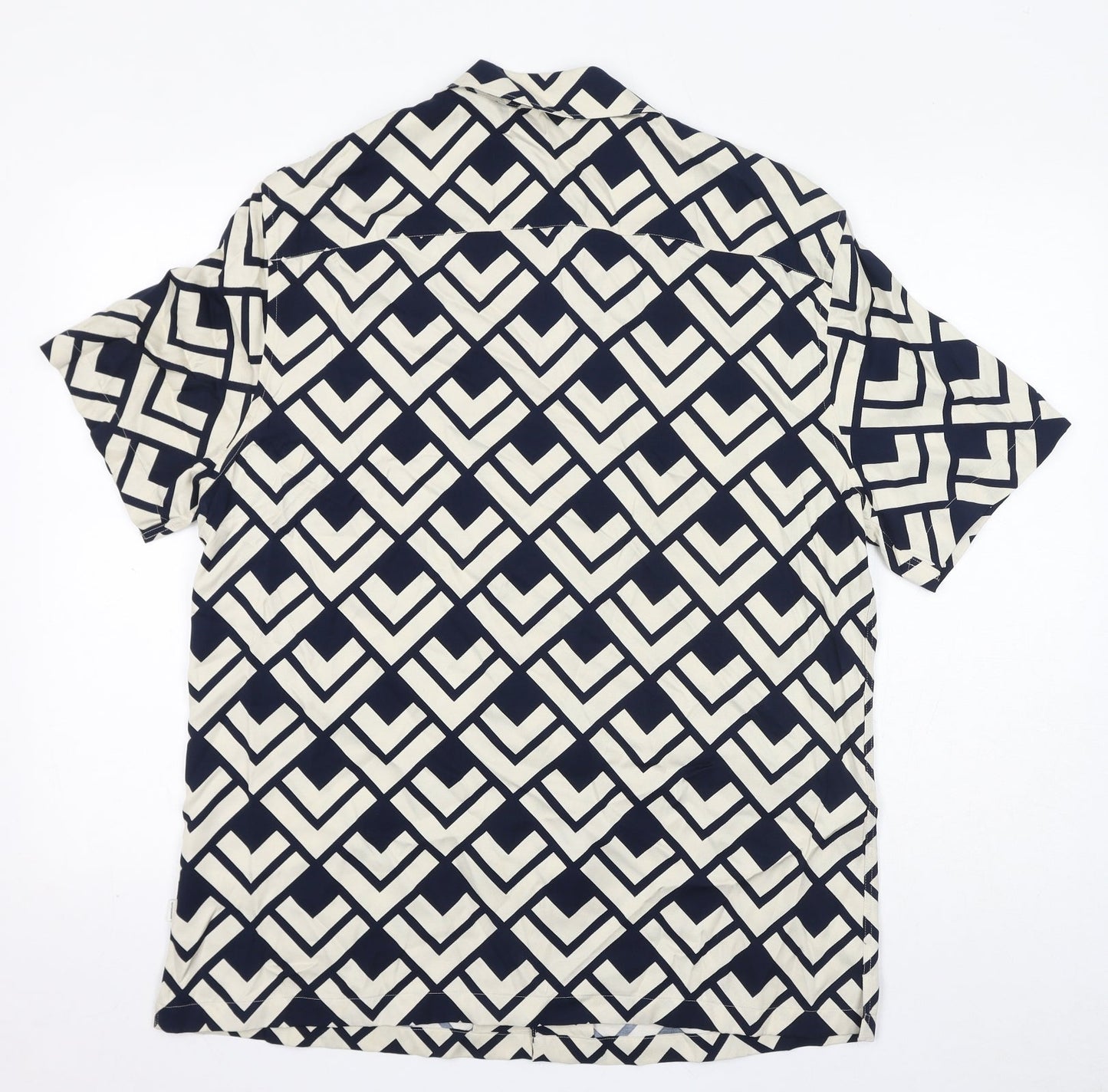 Autograph Womens Black Geometric Viscose Basic Button-Up Size L Collared - Unisex