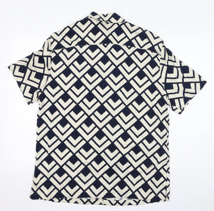 Autograph Womens Black Geometric Viscose Basic Button-Up Size L Collared - Unisex