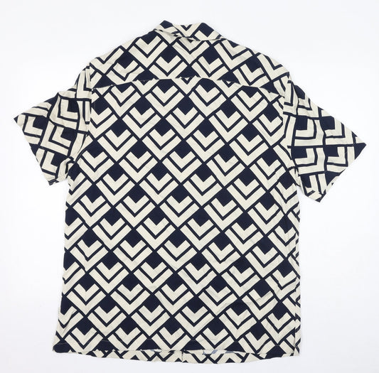 Autograph Womens Black Geometric Viscose Basic Button-Up Size L Collared - Unisex