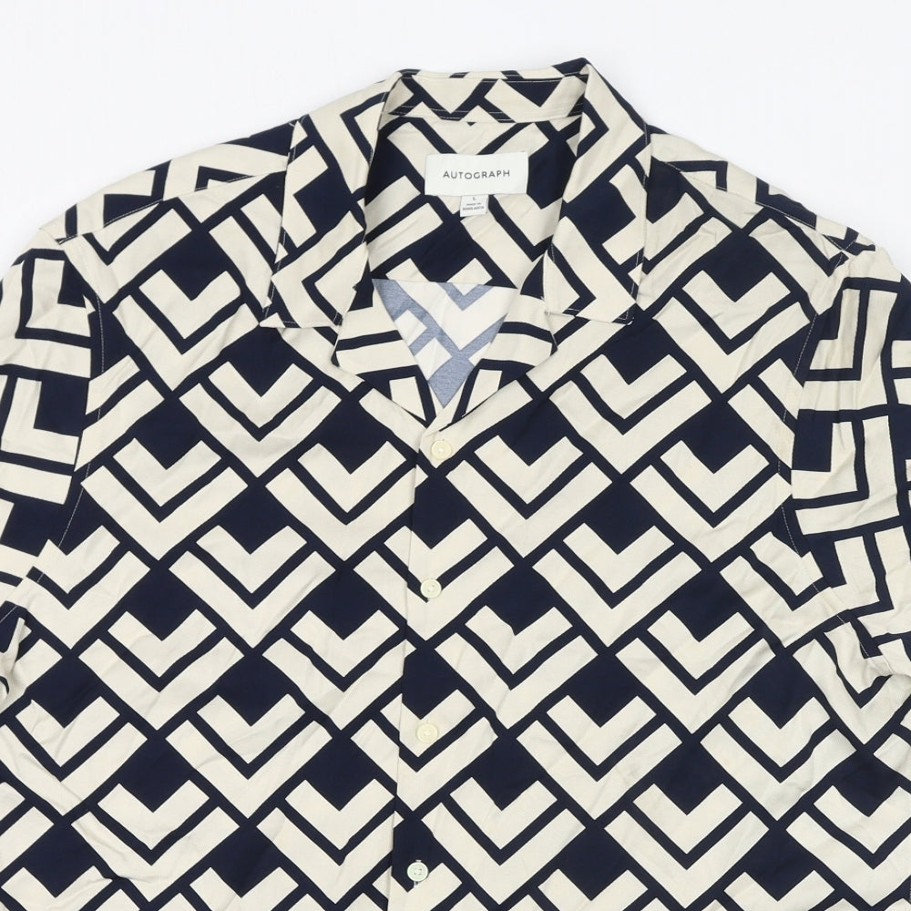 Autograph Womens Black Geometric Viscose Basic Button-Up Size L Collared - Unisex