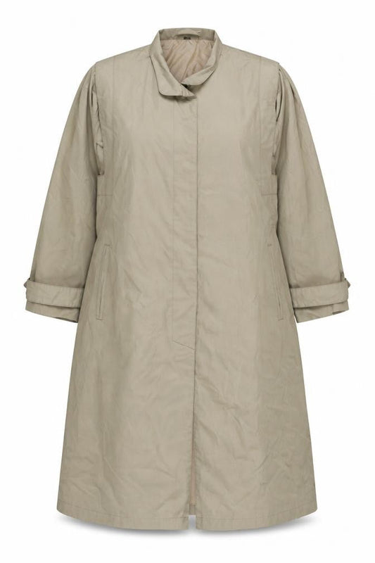 Front view of Canda women’s beige overcoat coat, size UK 14, button
