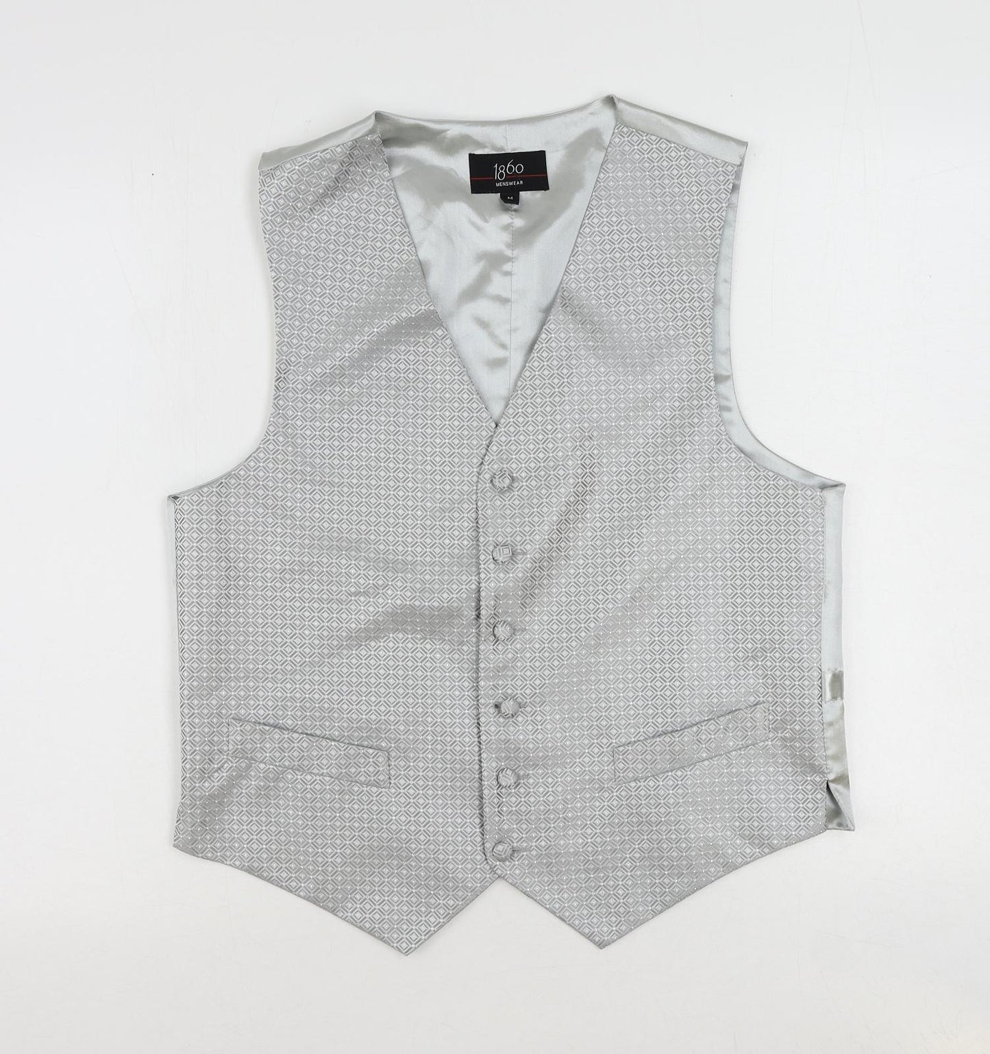 1860 Menswear Mens Silver Geometric Polyester Jacket Suit Waistcoat Size 36 Regular