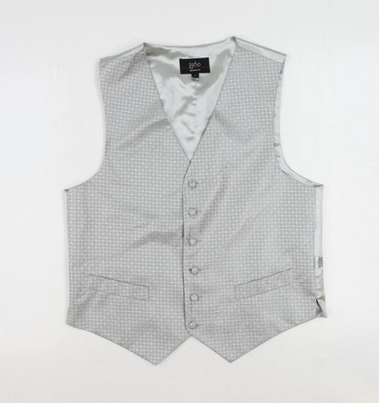 1860 Menswear Mens Silver Geometric Polyester Jacket Suit Waistcoat Size 36 Regular