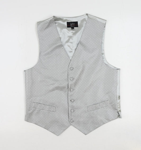 1860 Menswear Mens Silver Geometric Polyester Jacket Suit Waistcoat Size 36 Regular