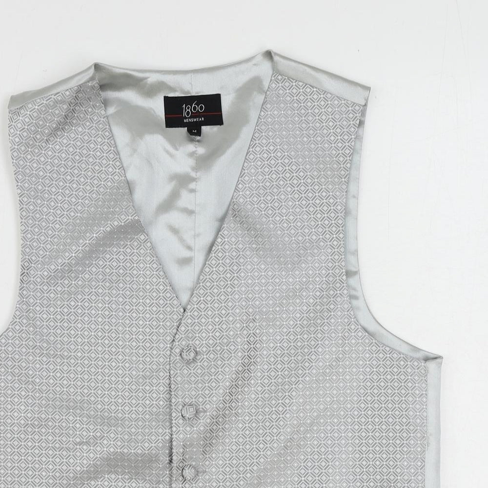 1860 Menswear Mens Silver Geometric Polyester Jacket Suit Waistcoat Size 36 Regular