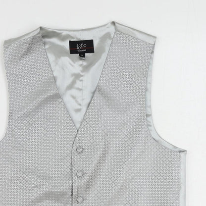 1860 Menswear Mens Silver Geometric Polyester Jacket Suit Waistcoat Size 36 Regular