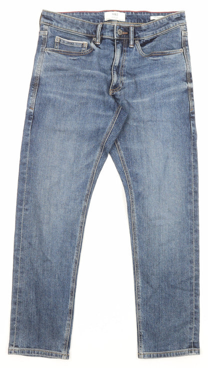 Marks and Spencer Mens Blue Cotton Straight Jeans Size 32 in L33 in Slim Zip - Pockets