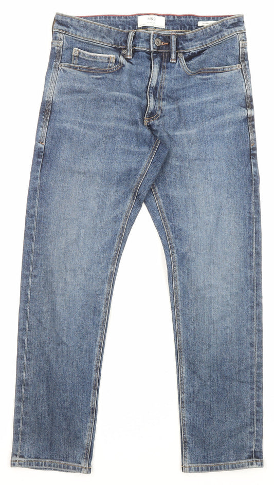 Marks and Spencer Mens Blue Cotton Straight Jeans Size 32 in L33 in Slim Zip - Pockets