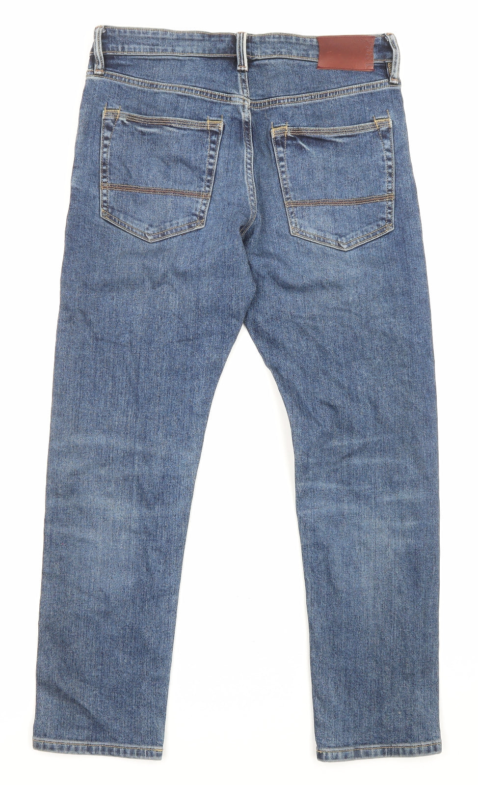 Marks and Spencer Mens Blue Cotton Straight Jeans Size 32 in L33 in Slim Zip - Pockets