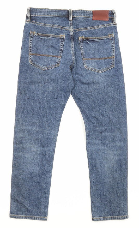 Marks and Spencer Mens Blue Cotton Straight Jeans Size 32 in L33 in Slim Zip - Pockets