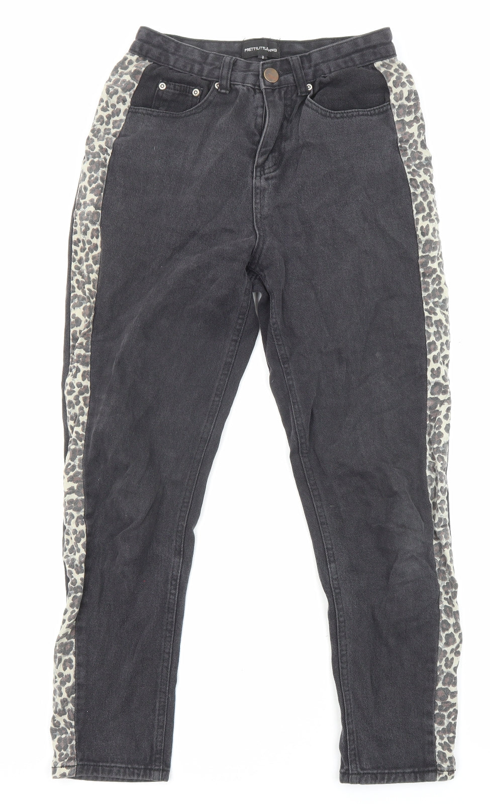 PRETTYLITTLETHING Womens Black Animal Print Cotton Straight Jeans Size 8 L25 in Regular Zip - Pockets