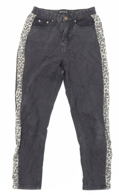 PRETTYLITTLETHING Womens Black Animal Print Cotton Straight Jeans Size 8 L25 in Regular Zip - Pockets