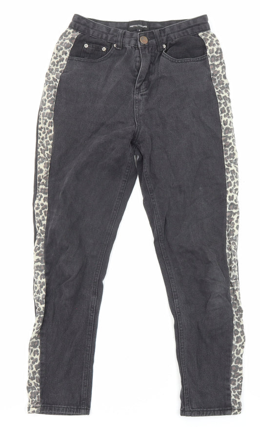 PRETTYLITTLETHING Womens Black Animal Print Cotton Straight Jeans Size 8 L25 in Regular Zip - Pockets