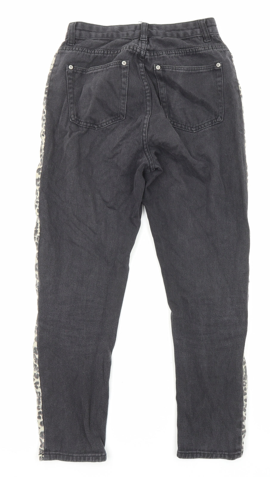 PRETTYLITTLETHING Womens Black Animal Print Cotton Straight Jeans Size 8 L25 in Regular Zip - Pockets