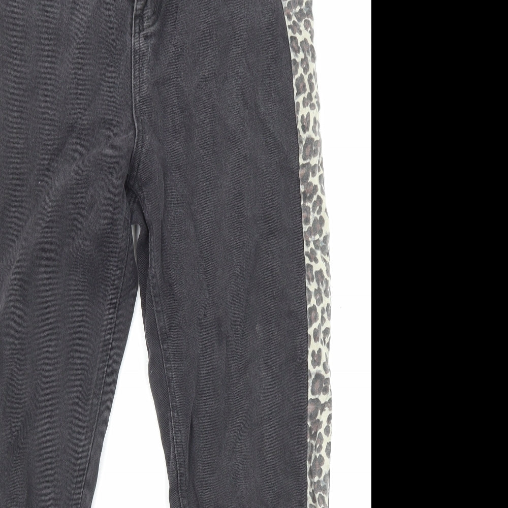 PRETTYLITTLETHING Womens Black Animal Print Cotton Straight Jeans Size 8 L25 in Regular Zip - Pockets
