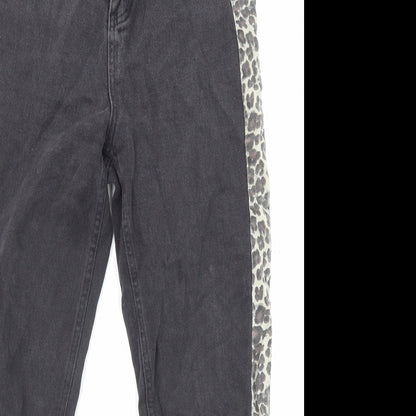 PRETTYLITTLETHING Womens Black Animal Print Cotton Straight Jeans Size 8 L25 in Regular Zip - Pockets
