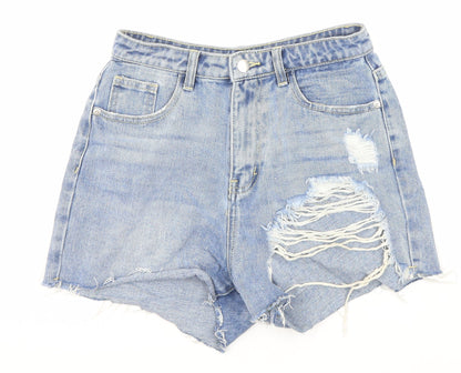PRETTYLITTLETHING Womens Blue Cotton Basic Shorts Size 8 Regular Zip - Pockets