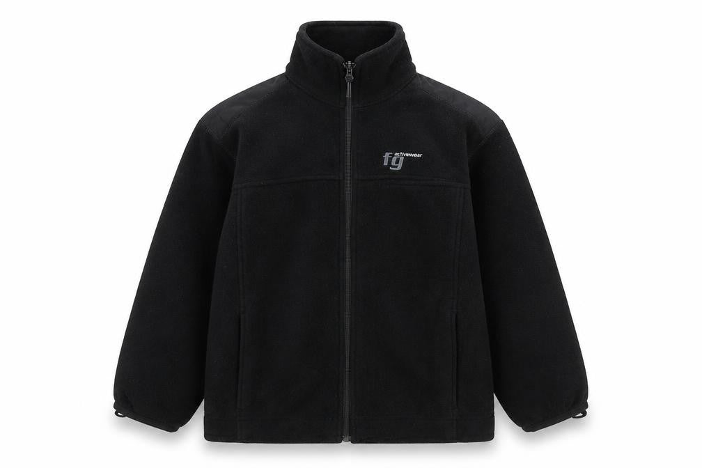 Front view of FG Activewear boys’ black basic jacket jacket, size 8-9, years zip