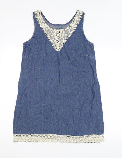 Evie Womens Blue Cotton A-Line Size 12 Scoop Neck Pullover - Lace