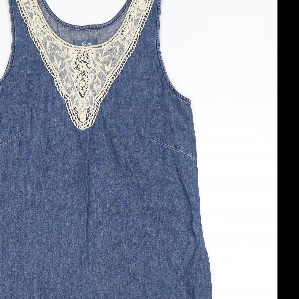 Evie Womens Blue Cotton A-Line Size 12 Scoop Neck Pullover - Lace