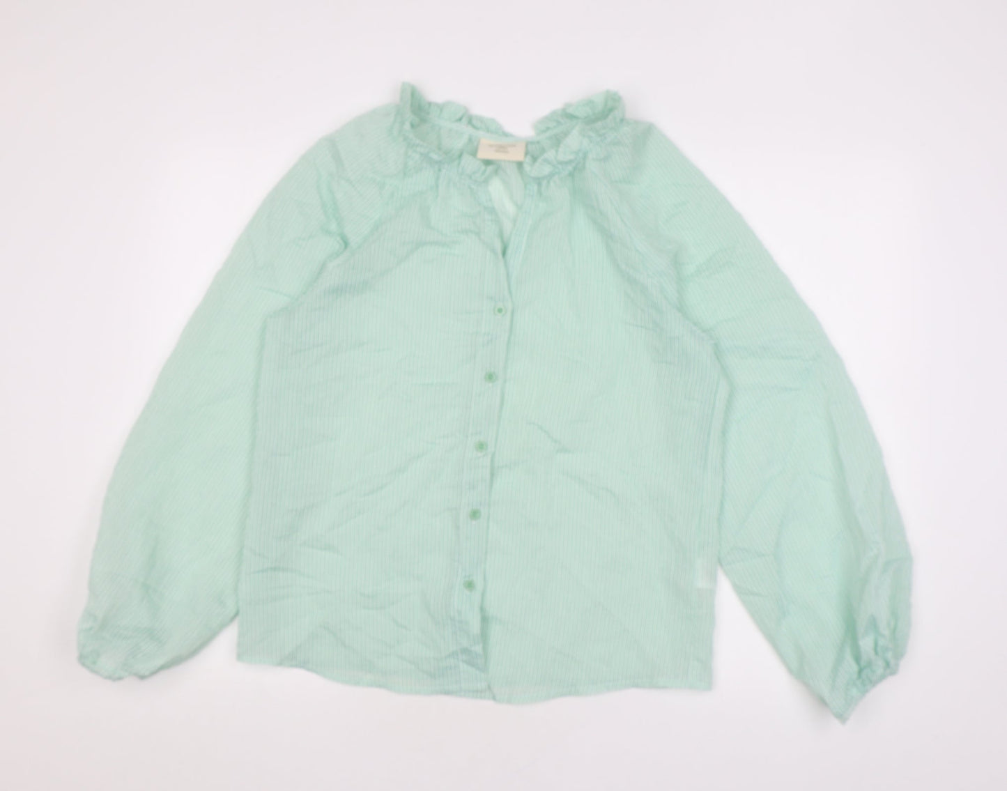 Primrose Womens Green Striped Polyamide Basic Blouse Size 10 V-Neck