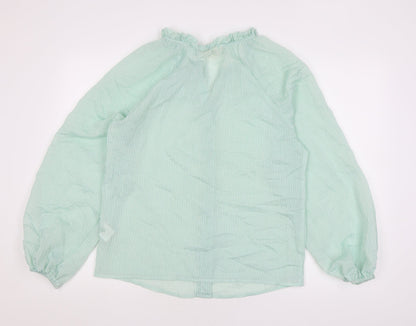 Primrose Womens Green Striped Polyamide Basic Blouse Size 10 V-Neck