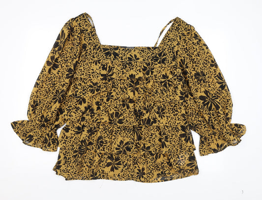 Quiz Womens Yellow Floral Polyester Basic Blouse Size 16 Square Neck - Ruffles