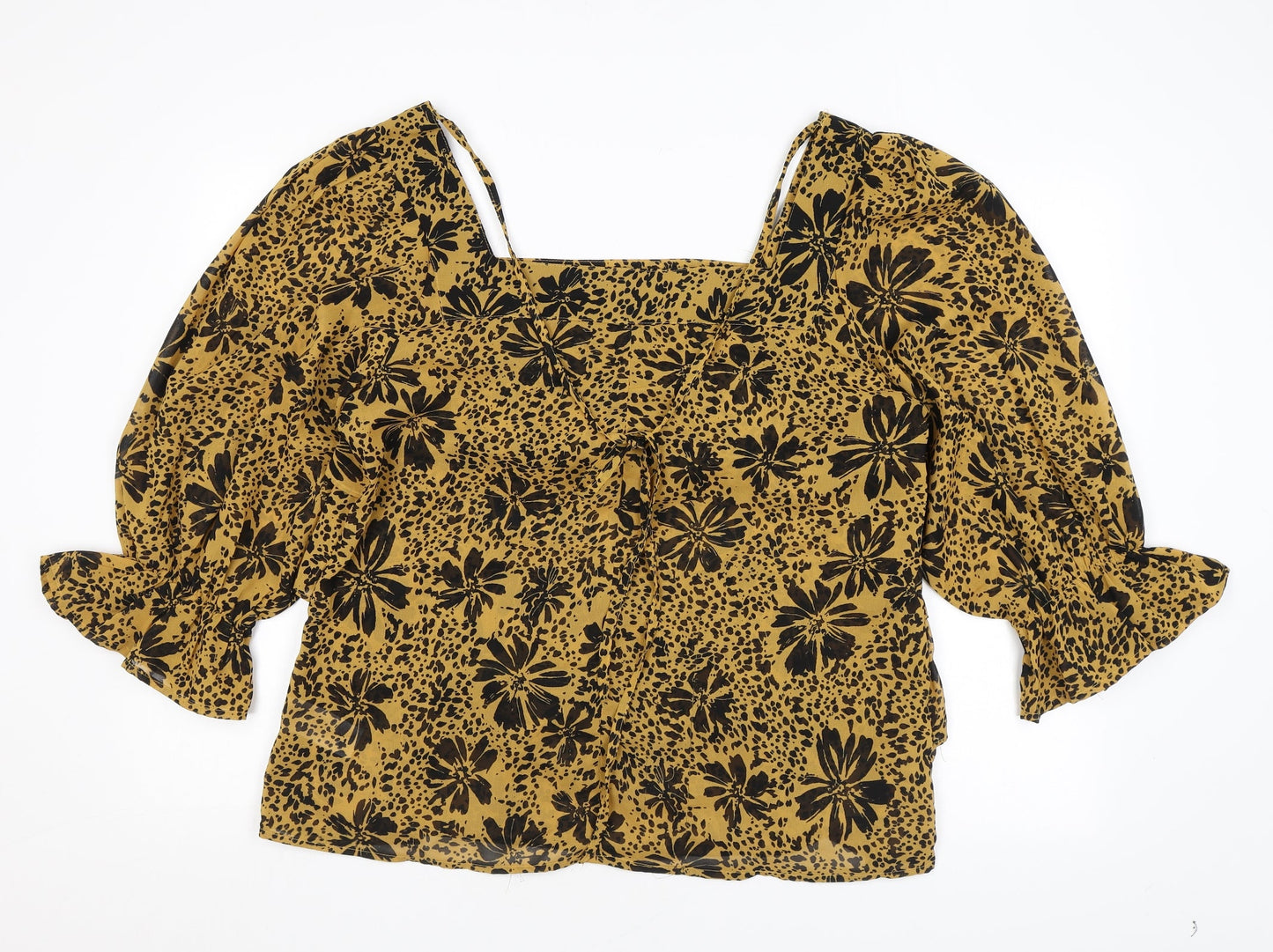 Quiz Womens Yellow Floral Polyester Basic Blouse Size 16 Square Neck - Ruffles