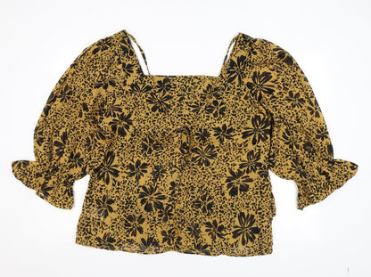 Quiz Womens Yellow Floral Polyester Basic Blouse Size 16 Square Neck - Ruffles