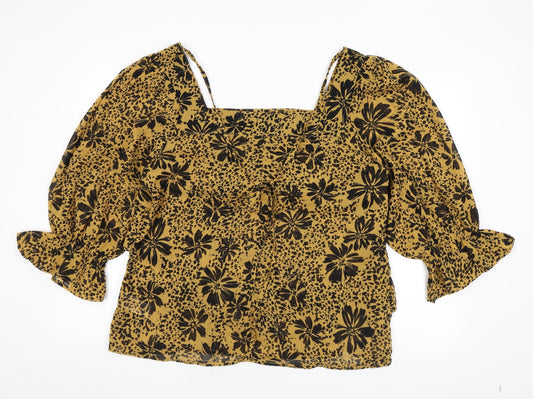 Quiz Womens Yellow Floral Polyester Basic Blouse Size 16 Square Neck - Ruffles