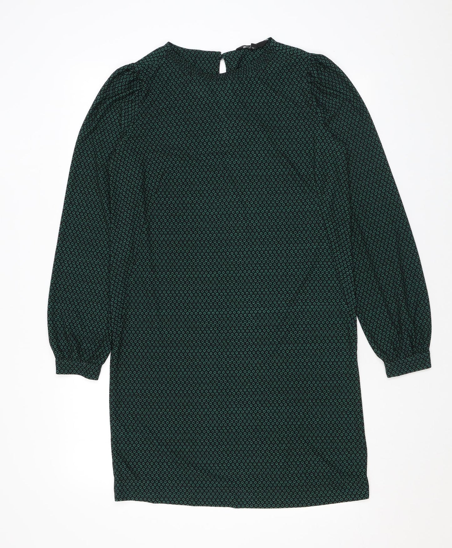 NEXT Womens Green Geometric Polyester T-Shirt Dress Size 8 Round Neck Button
