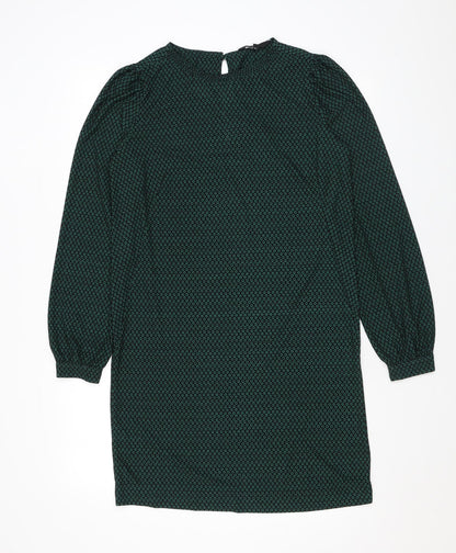 NEXT Womens Green Geometric Polyester T-Shirt Dress Size 8 Round Neck Button