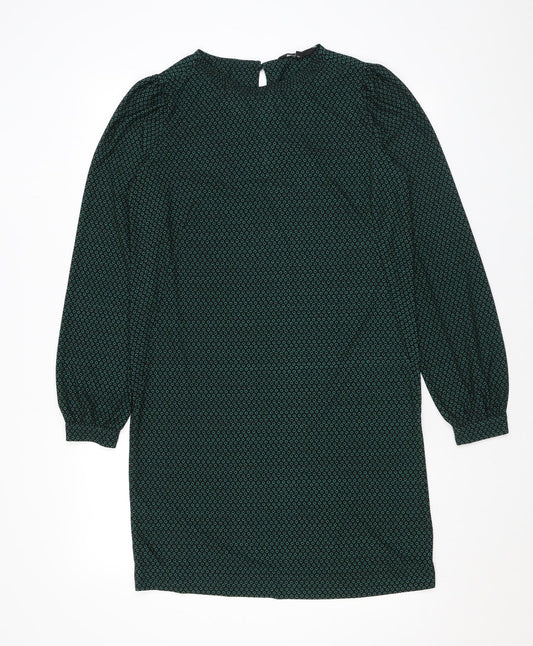 NEXT Womens Green Geometric Polyester T-Shirt Dress Size 8 Round Neck Button