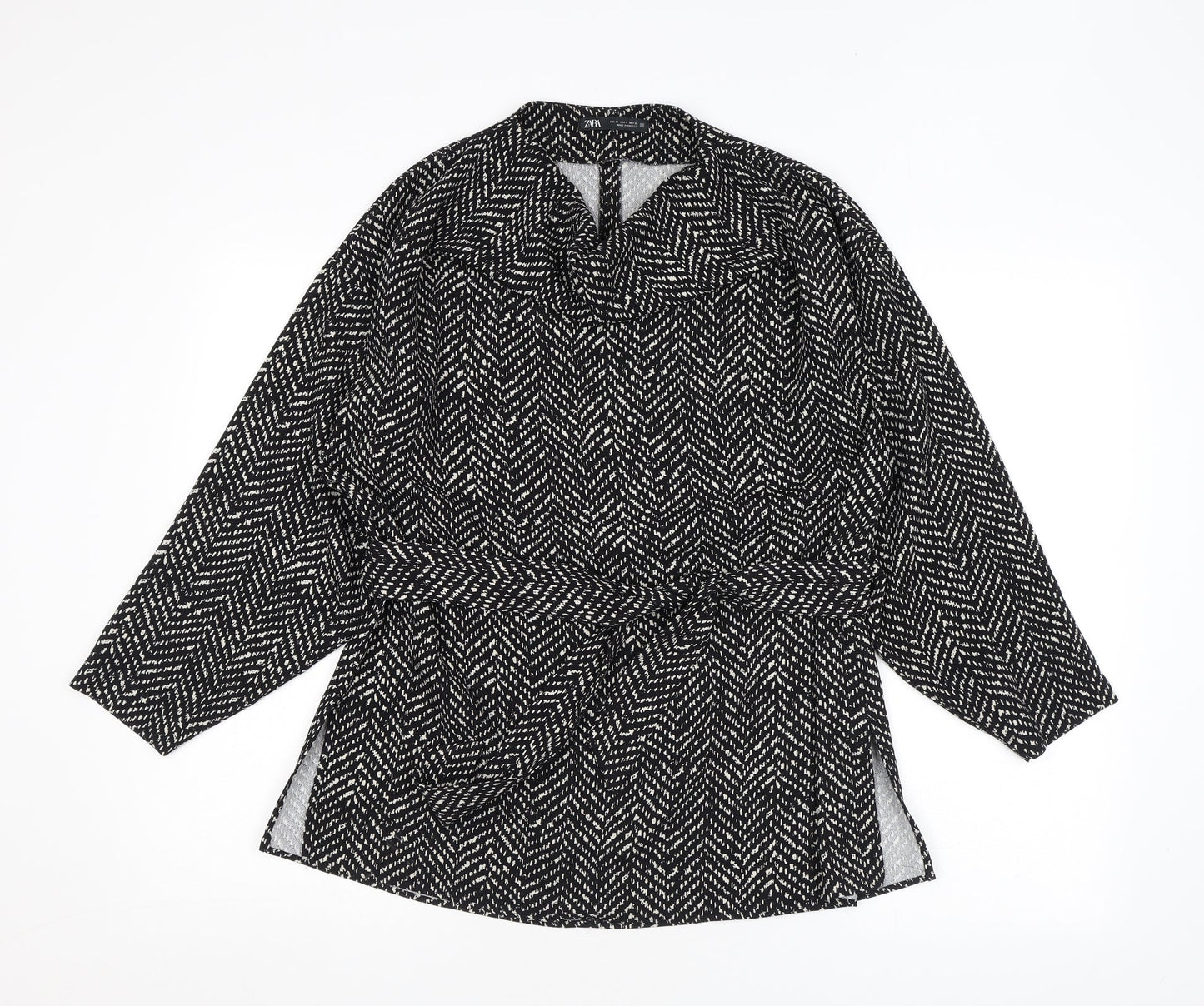 Zara Womens Black Geometric Polyester Basic Blouse Size M Cowl Neck - Tie