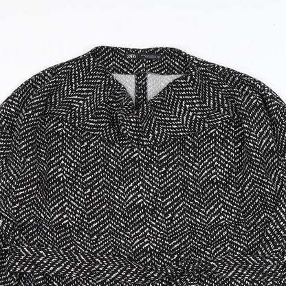 Zara Womens Black Geometric Polyester Basic Blouse Size M Cowl Neck - Tie