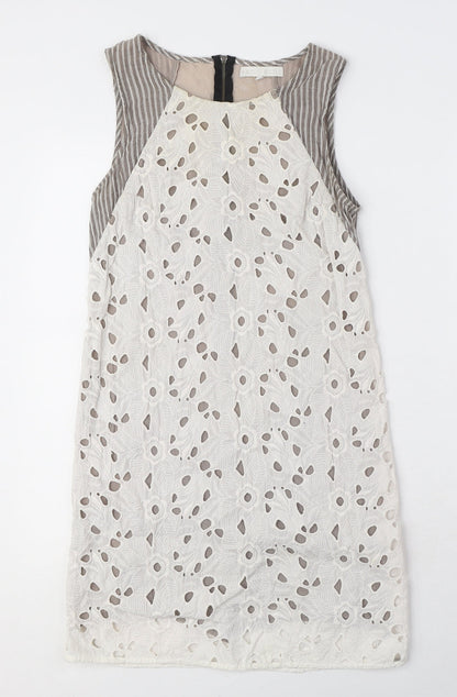 san & soni Womens White Floral Cotton A-Line Size S Round Neck Zip - Striped