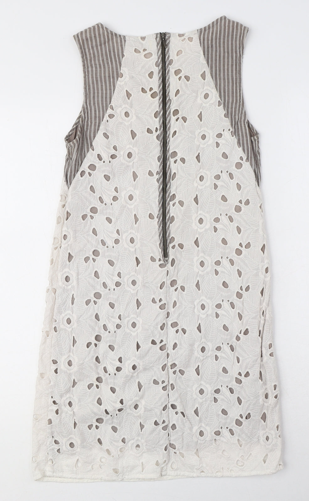san & soni Womens White Floral Cotton A-Line Size S Round Neck Zip - Striped