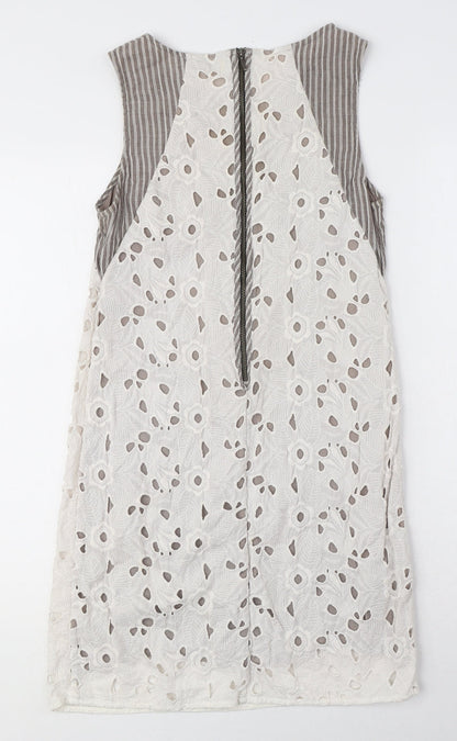san & soni Womens White Floral Cotton A-Line Size S Round Neck Zip - Striped