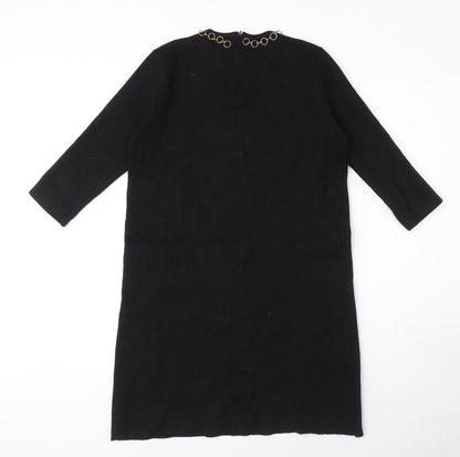 Zara Womens Black Viscose Jumper Dress Size M Round Neck Zip - Gold ring detail