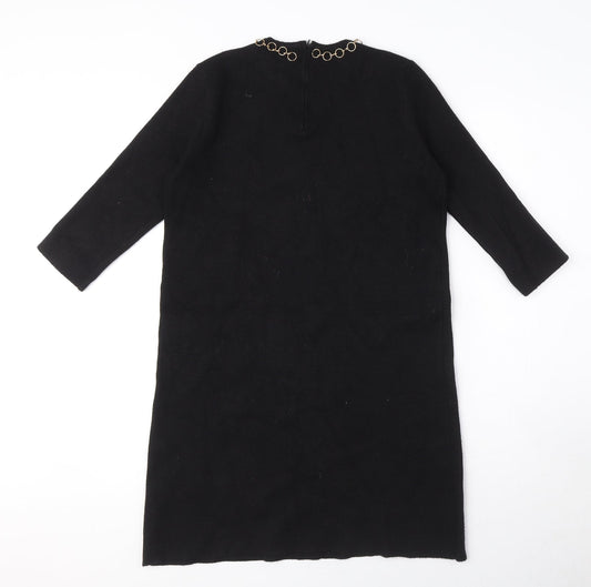 Zara Womens Black Viscose Jumper Dress Size M Round Neck Zip - Gold ring detail