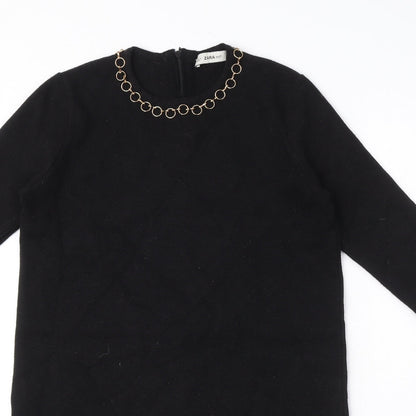 Zara Womens Black Viscose Jumper Dress Size M Round Neck Zip - Gold ring detail