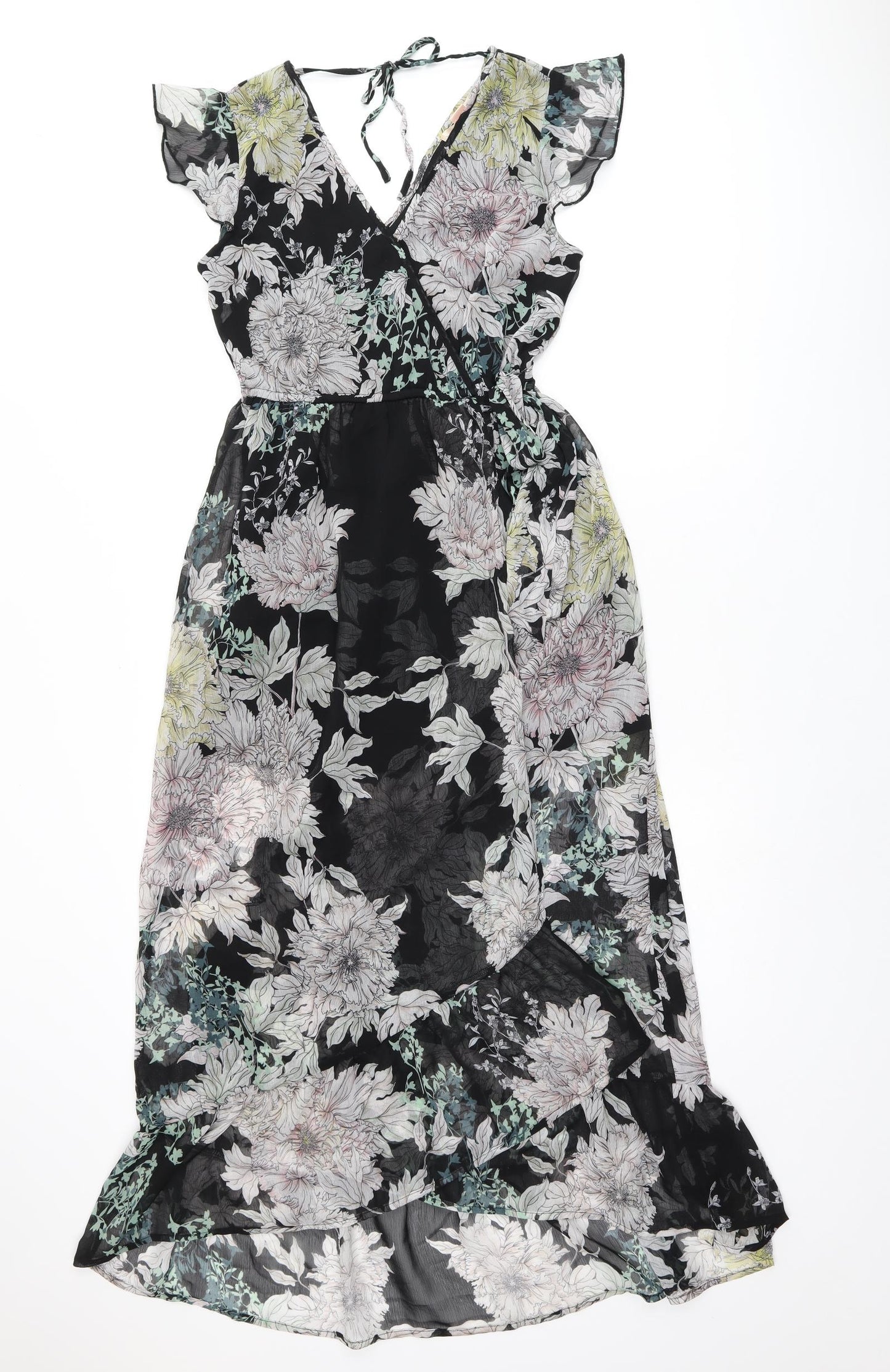 Band of Gypsies Womens Black Floral Polyester A-Line Size XS V-Neck Tie