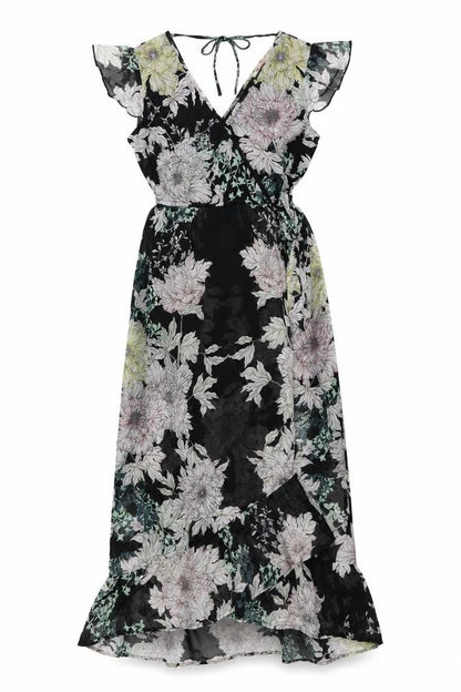 Band of Gypsies Womens Black Floral Polyester A-Line Size XS V-Neck Tie