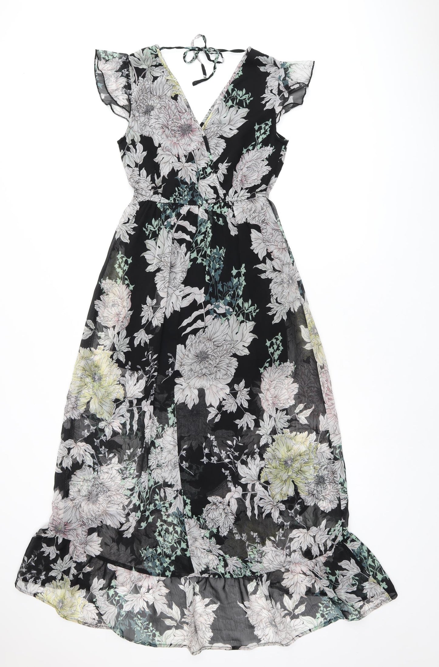 Band of Gypsies Womens Black Floral Polyester A-Line Size XS V-Neck Tie