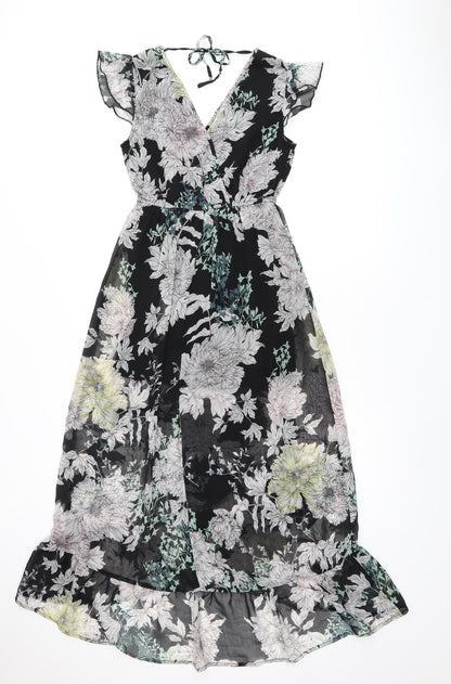 Band of Gypsies Womens Black Floral Polyester A-Line Size XS V-Neck Tie